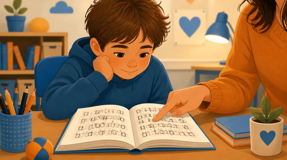 Child reading with a parent while text on the page appears jumbled, showing how dyslexia can feel